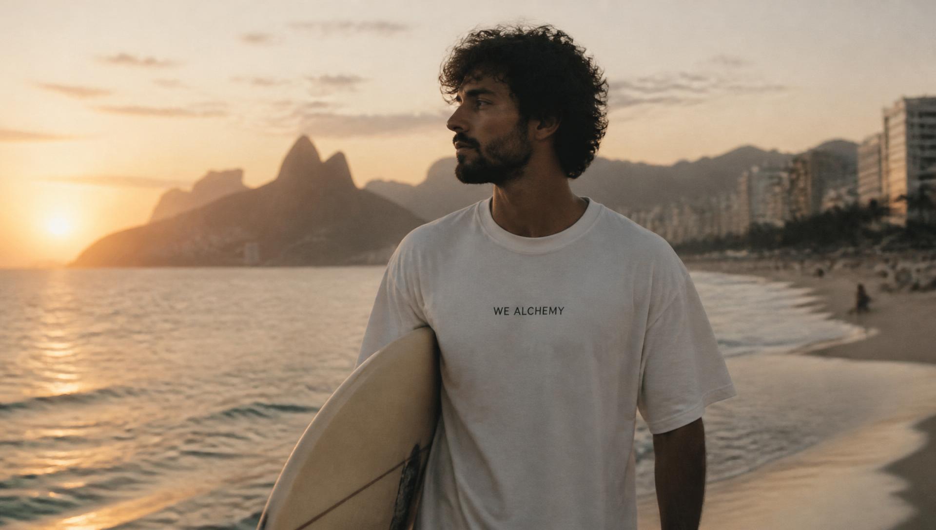 Surfista carregando prancha ao pôr do sol no Rio de Janeiro